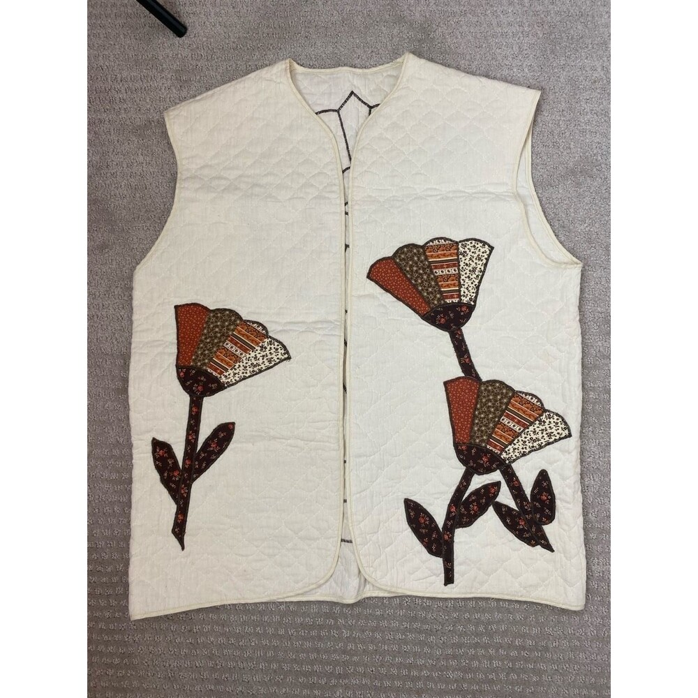 Vintage Handmade Quilted Vest Dresden Plate Floral Applique Patchwork Large